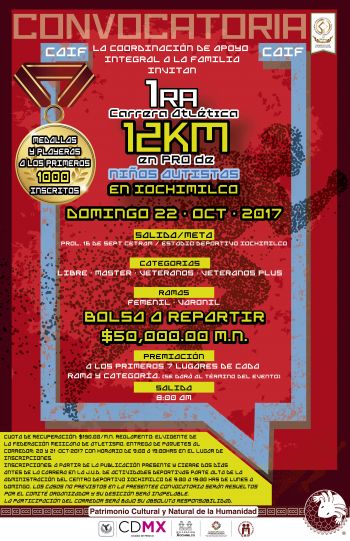 CONVOCATORIA PARA LA CARRERA ATLETICA EN BENEFICIO DE NIÑOS AUTISTAS EN XOCHIMILCO