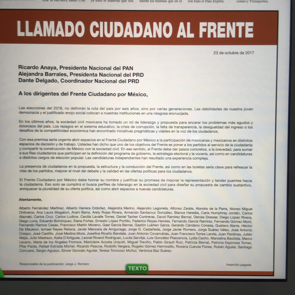 LÍDERES DE LA SOCIEDAD CIVIL PIDEN INCLUSIÓN AL FRENTE CIUDADANO POR MÉXICO 