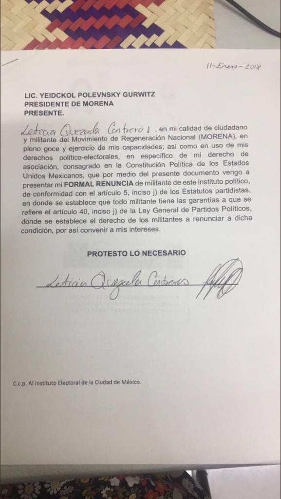 Leticia Quezada renuncia a MORENA