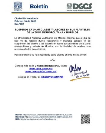 La Universidad Nacional Autónoma de México suspende clases por sismo