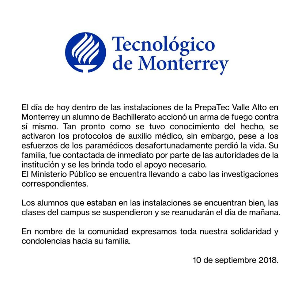 Suspenden clases en Tec de Monterrey tras suicidio de joven