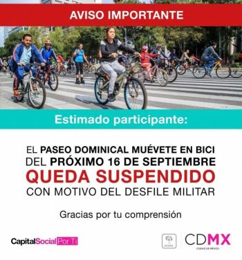 Muévete en bici suspenderá actividades por desfile militar de Independencia de México
