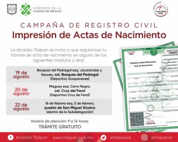 Tlalpan y Gobierno CDMX otorgan actas de nacimiento gratuitas