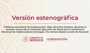 Palabras secretaria, Olga Sánchez Cordero, durante la reunión virtual de la Comisión Ejecutiva de Salud de la Conago