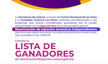 Secretaría de Cultura anuncia los ganadores de la segunda fase de la Convocatoria para la Reactivación de espacios escénicos independientes