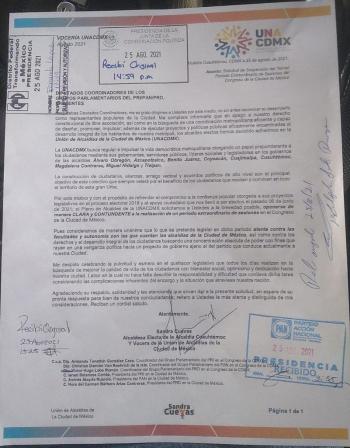 UNACDMX solicita suspender el 3er periodo extraordinario de sesiones en el Congreso de la CDMX por ser contrario al interés ciudadano