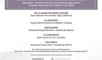 Se dan a conocer los nombres de las obras finalistas del Premio Nacional de Dramaturgia Joven Gerardo Mancebo del Castillo Trejo 2022