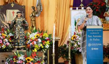 La Secretaría de Cultura federal entrega restaurada la escultura virreinal de san Antonio de Padua a la feligresía de Jiutepec