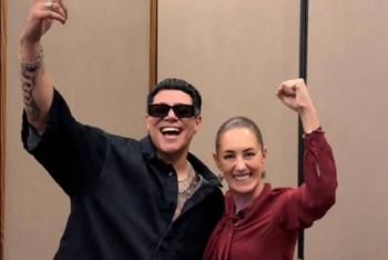 Eduin Caz de Grupo Firme se une a Claudia Sheinbaum en un 'palomazo' durante gira