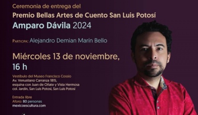 Alejandro Demian Marín Bello recibe el Premio Bellas Artes de Cuento San Luis Potosí "Amparo Dávila" 2024 por Historias corporales