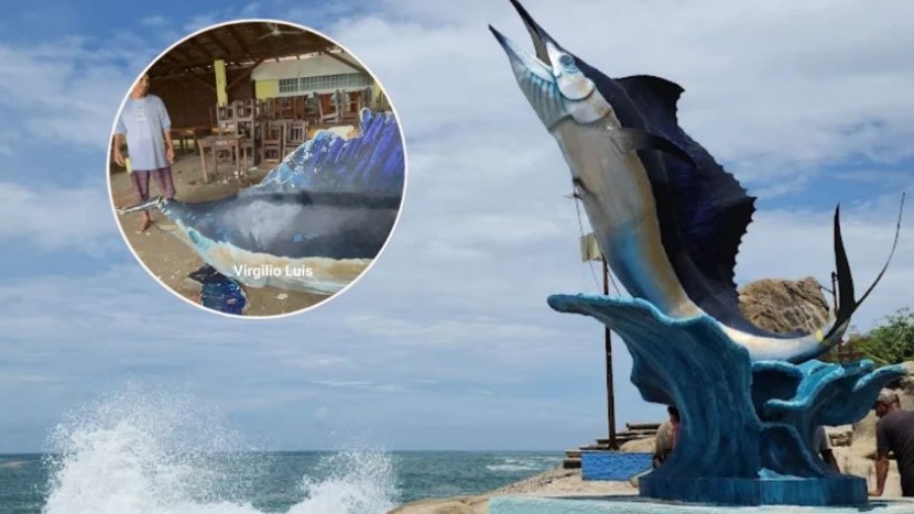 Recuperan escultura del Pez Vela en Puerto Escondido tras impacto del huracán Erick