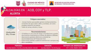 Emiten Alerta Roja por lluvias intensas en CDMX; prevén hasta 70 mm en Álvaro Obregón, Coyoacán y Tlalpan