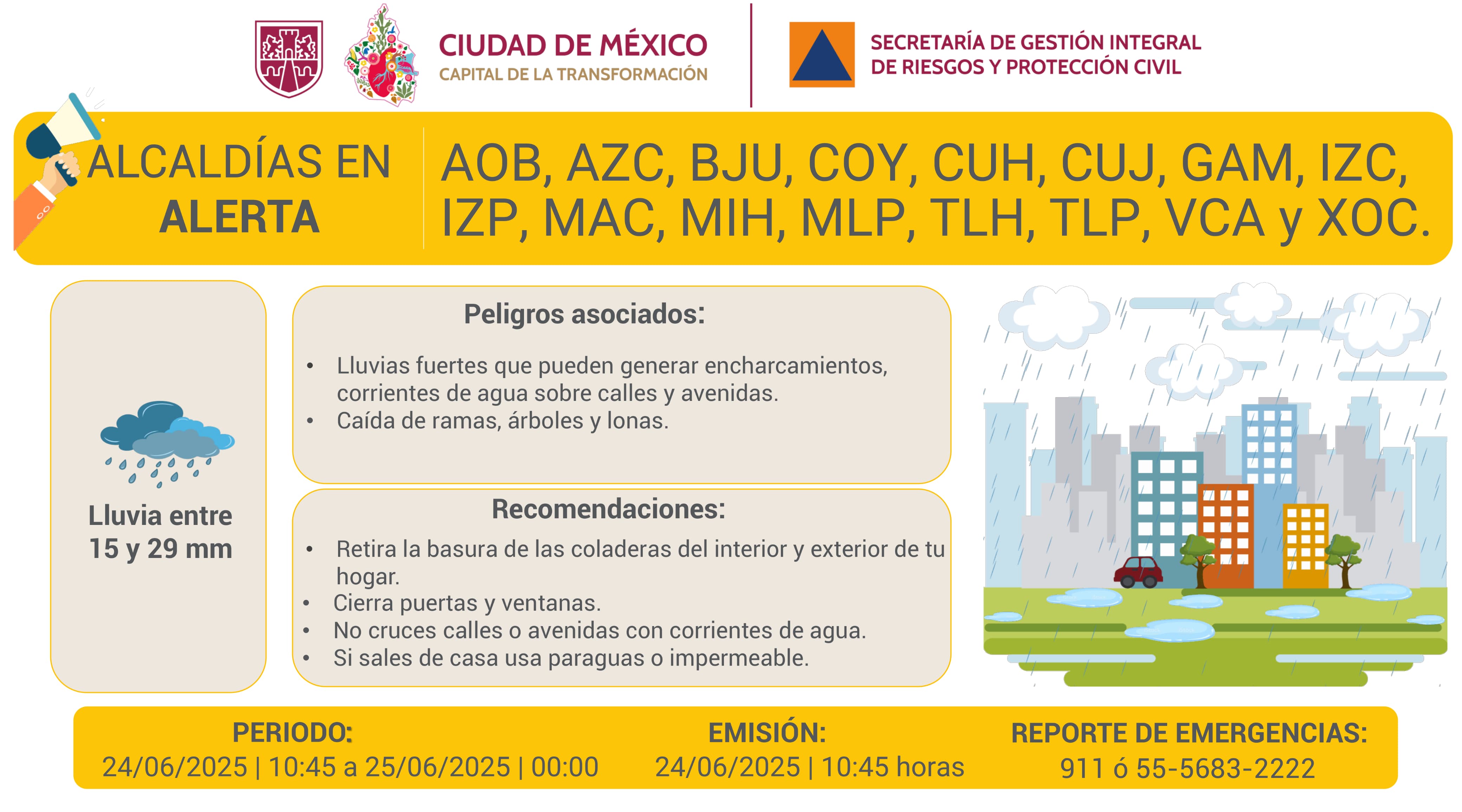 Activan Alerta Amarilla en CDMX por lluvias fuertes este martes 24 de junio
