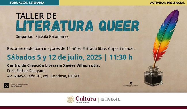 INBAL impartirá Taller de Literatura Queer en el Centro Xavier Villaurrutia