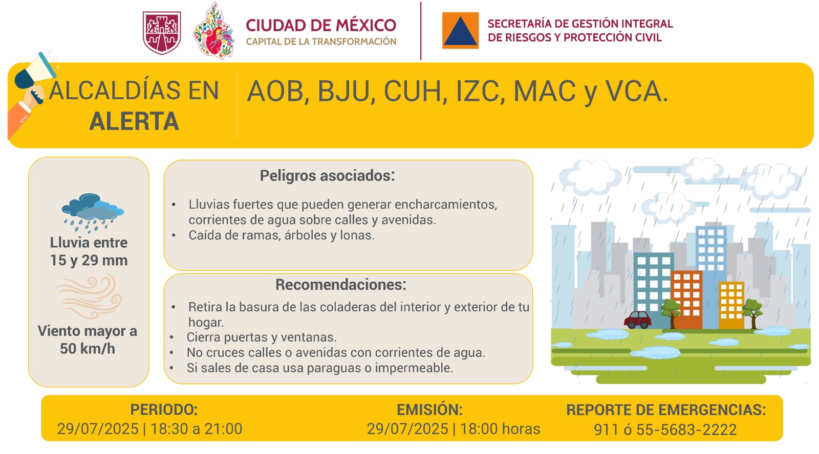 Activan Alerta Amarilla por lluvias y vientos fuertes en seis alcaldías de CDMX