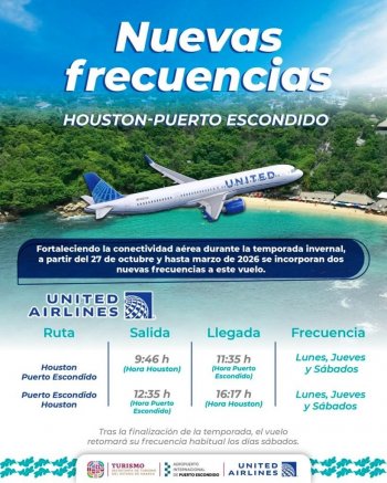 United Airlines incrementa frecuencias a Puerto Escondido desde Houston