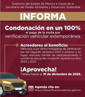 Edomex condonará multas por verificación vehicular extemporánea hasta diciembre de 2025