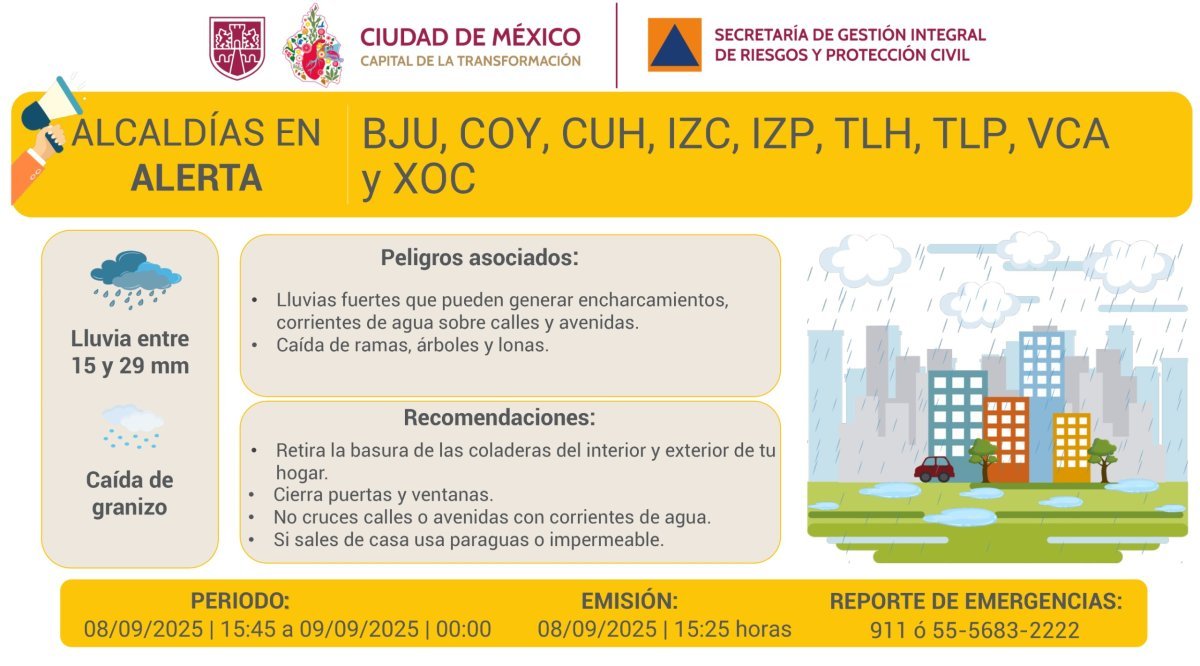 Activan Alerta Amarilla por lluvias fuertes en nueve alcaldías de la CDMX