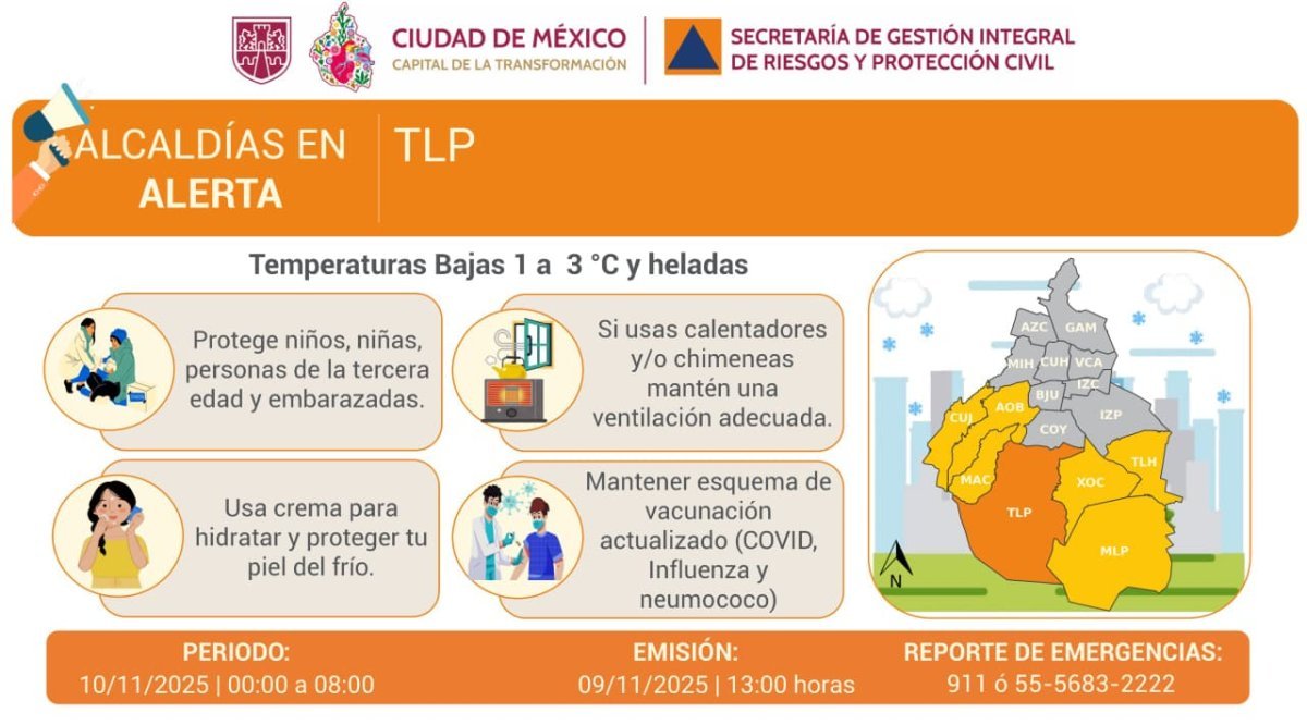 Alerta Naranja por temperaturas bajas en Tlalpan y Alerta Amarilla en seis demarcaciones más de la CDMX