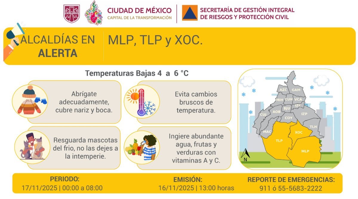 Alerta Amarilla por temperaturas bajas en tres demarcaciones de la CDMX