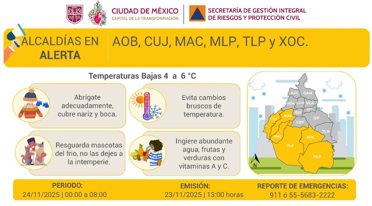 Alerta Amarilla por bajas temperaturas en seis alcaldías de la CDMX para el lunes 24 de noviembre