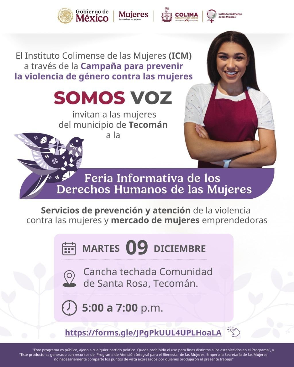 ICM invita a Feria Informativa de Derechos Humanos de las Mujeres en Tecomán