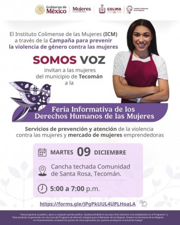 ICM invita a Feria Informativa de Derechos Humanos de las Mujeres en Tecomán