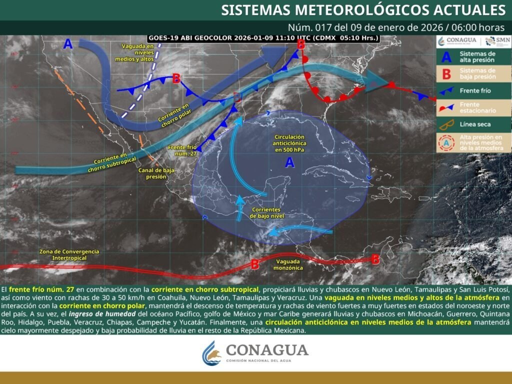 Circulaci&oacute;n anticicl&oacute;nica se desplaza al oriente del Golfo de M&eacute;xico; se espera frente fr&iacute;o 27