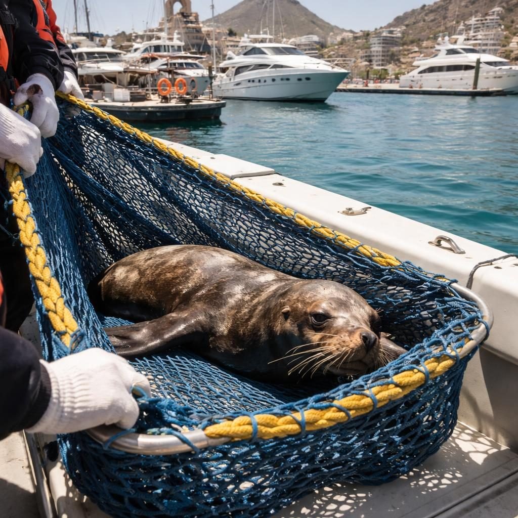 Rescatan lobo marino en dificultades en marina de Cabo San Lucas