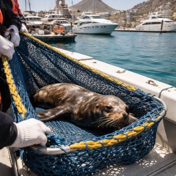 Rescatan lobo marino en dificultades en marina de Cabo San Lucas