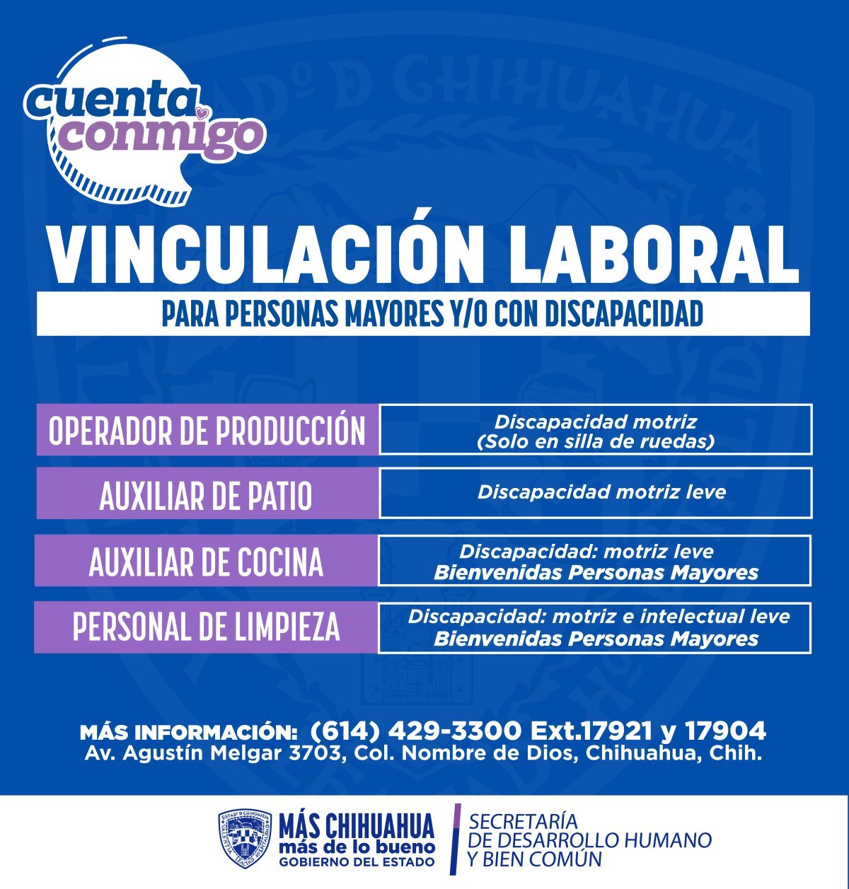 Secretar&iacute;a de Desarrollo Humano anuncia vacantes para personas con discapacidad y adultos mayores en Chihuahua