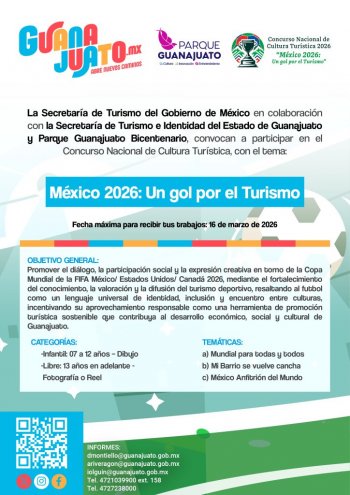 Gobierno de Guanajuato convoca a concurso nacional de cultura turística 'México 2026: Un gol por el Turismo'