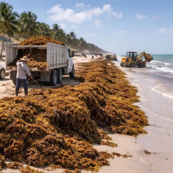 Sargazo reaparece en costas de Chelem y Progreso; autoridades refuerzan limpieza