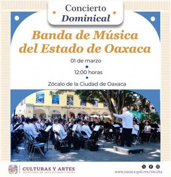 Banda de Música del Estado ofrecerá concierto dominical en el Zócalo de Oaxaca