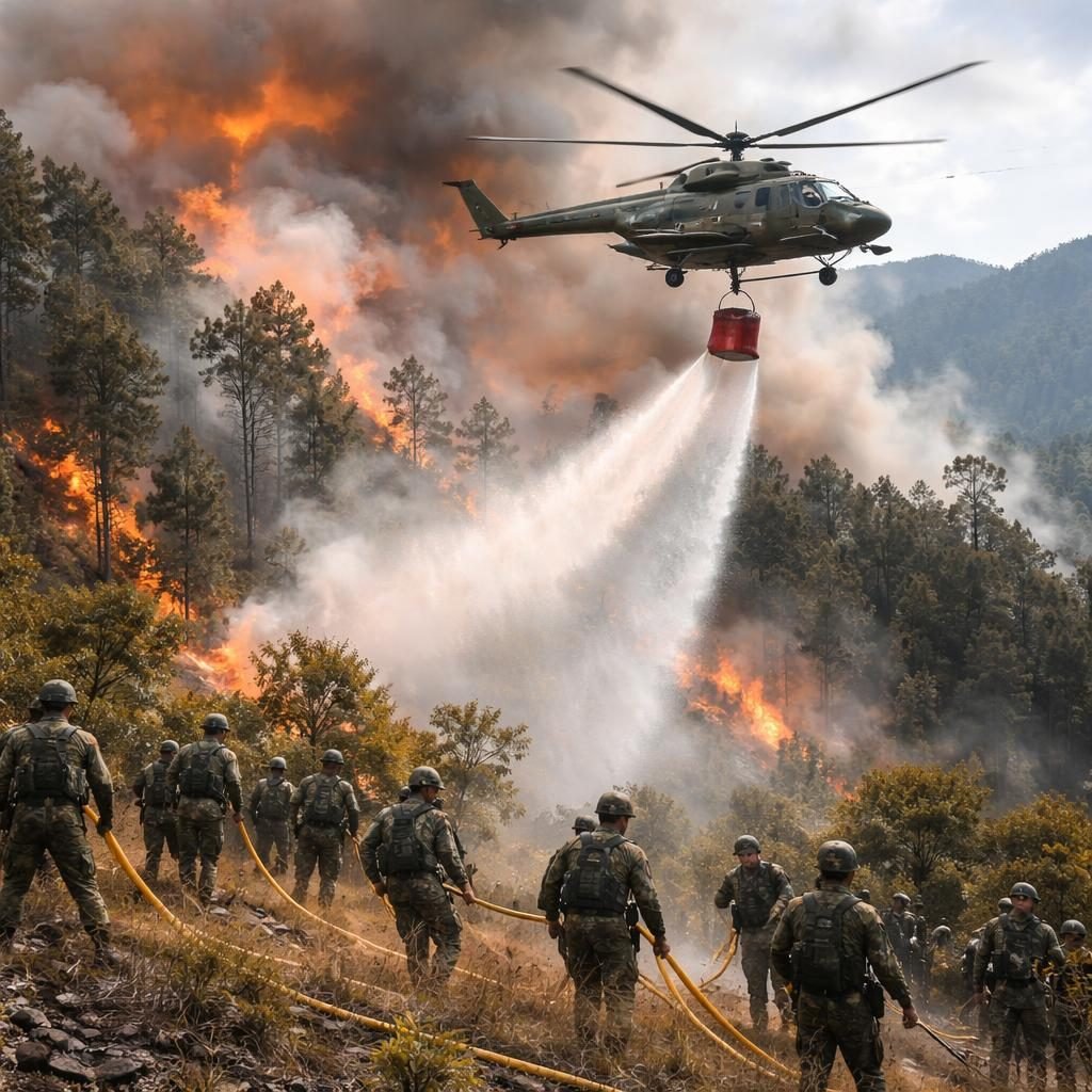 Ej&eacute;rcito y Guardia Nacional despliegan m&aacute;s de 30 elementos y helic&oacute;ptero MI-17 para combatir incendio en Francia Chica