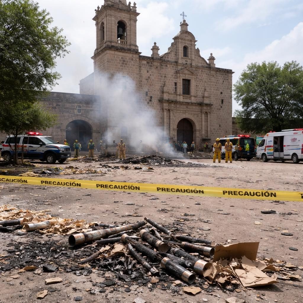 Explosi&oacute;n de pirotecnia en fiesta patronal deja un muerto y seis lesionados en iglesia de Mexquitic de Carmona