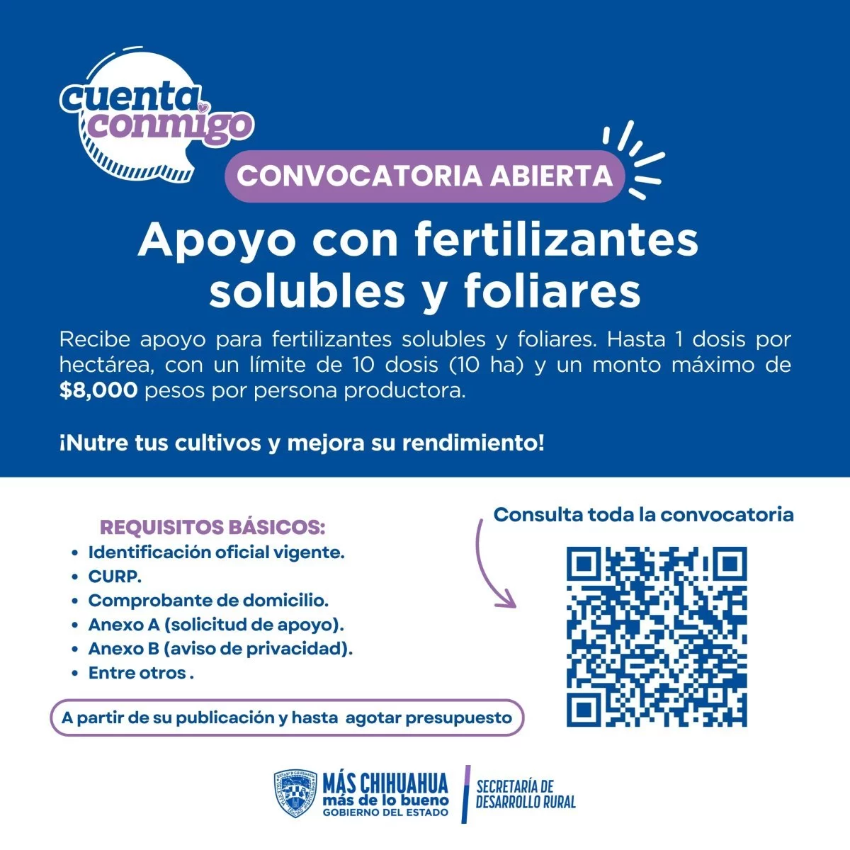 SDR abre convocatoria para apoyo en fertilizantes solubles y foliares en Chihuahua