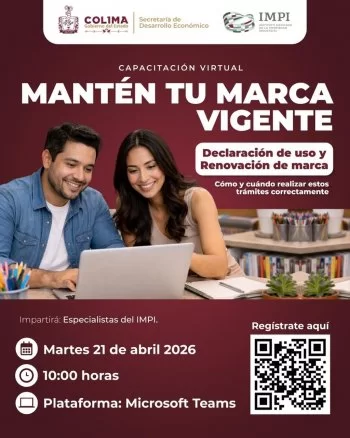 Gobierno de Colima invita a capacitación virtual sobre renovación y declaración de marcas