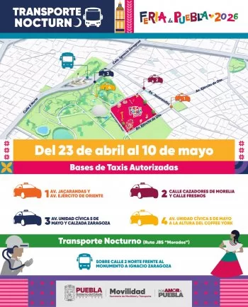 Puebla implementa plan de movilidad con bases de taxi y rutas nocturnas para Feria 2026
