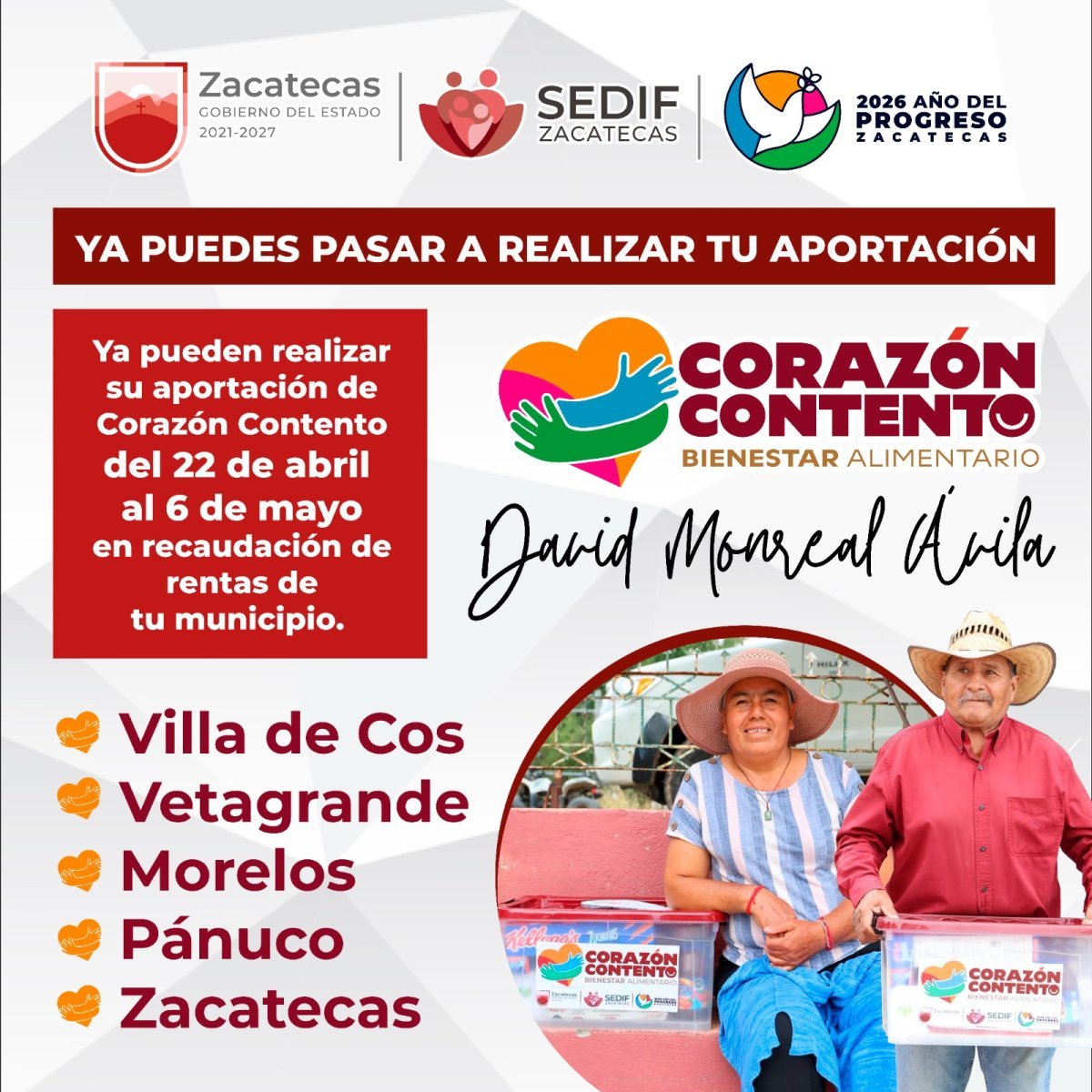 Gobierno de Zacatecas abre ventanillas de pago del programa “Corazón Contento” en modalidad peso a peso