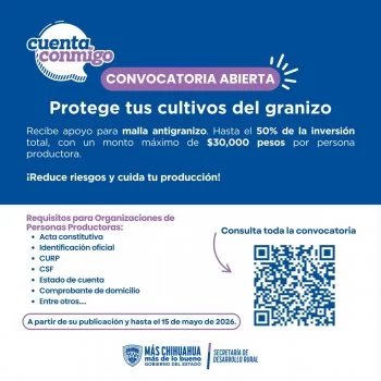 SDR abre convocatoria para apoyar con malla antigranizo a productores de Chihuahua