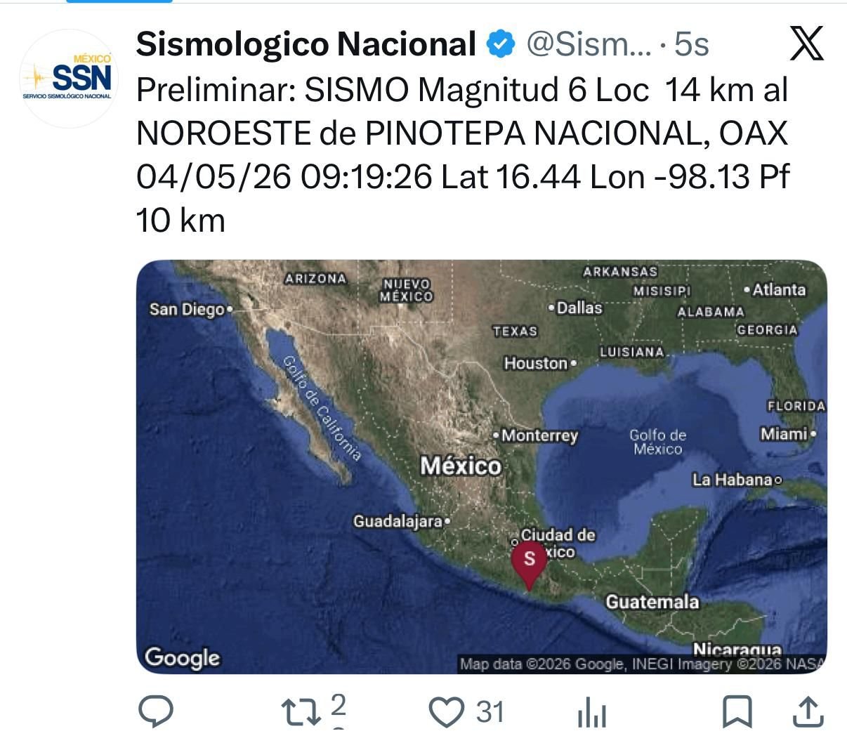 Sismo de 6.0 en Oaxaca no dejó daños en Puebla; reportan percepción leve
