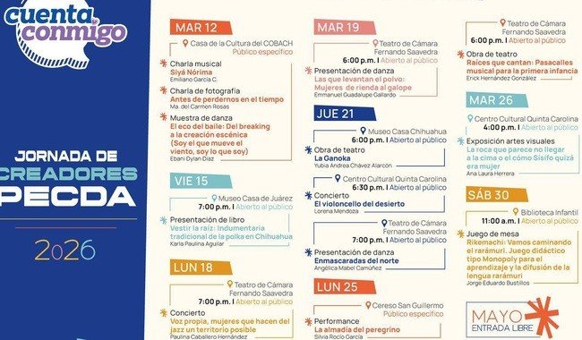 Chihuahua presenta Jornada de Creadores Pecda 2026 con actividades culturales gratuitas