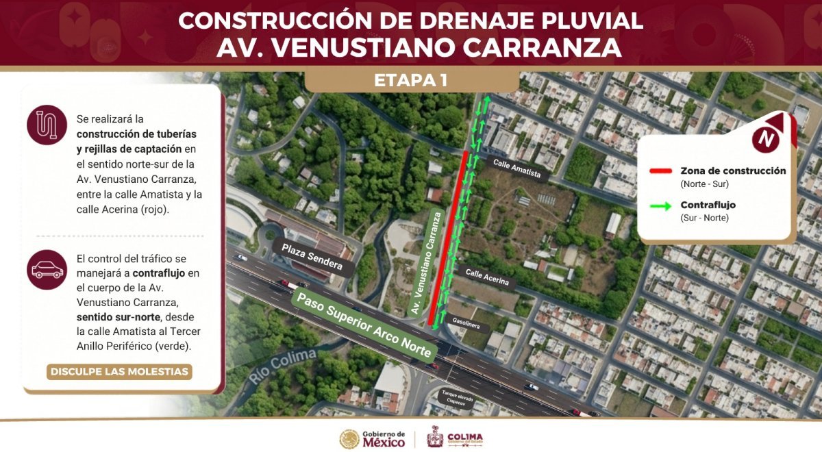 Colima restringe circulación en Venustiano Carranza por obras de drenaje pluvial
