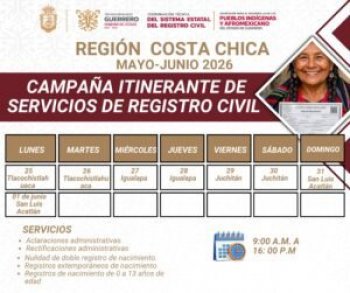 Campaña itinerante del Registro Civil llegará a la Costa Chica de Guerrero del 25 de mayo al 1 de junio
