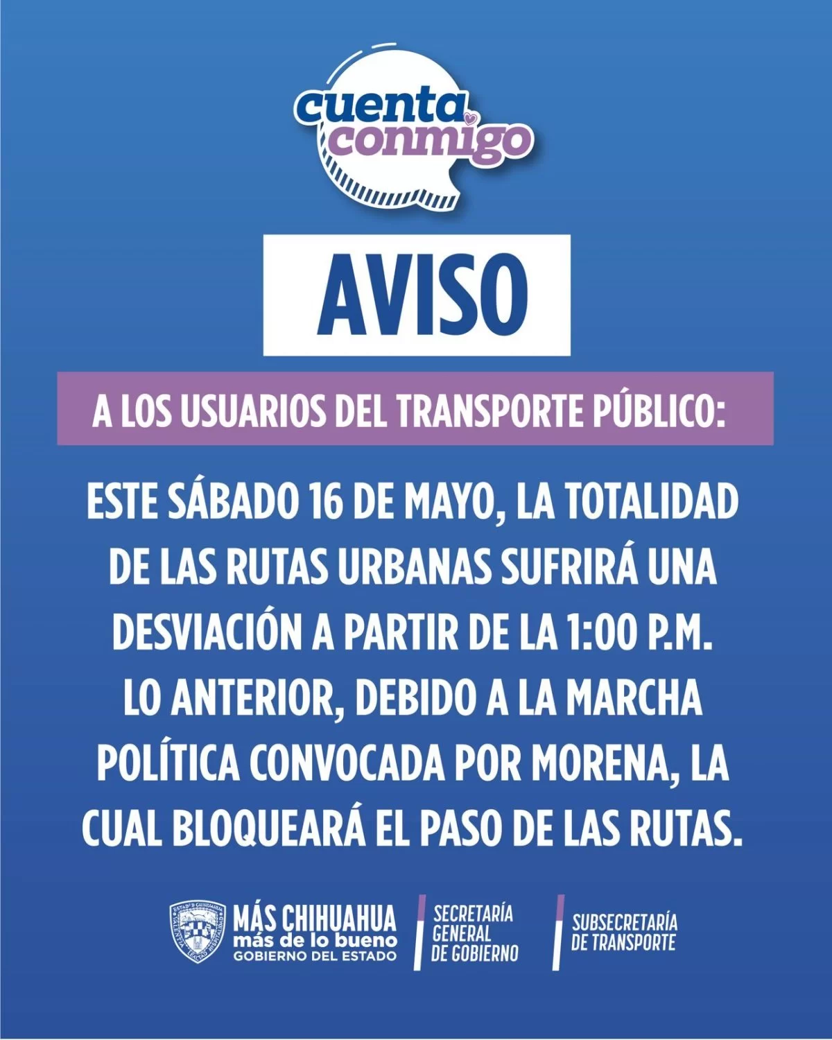 Modifican rutas urbanas en Chihuahua por marcha de Morena este sábado