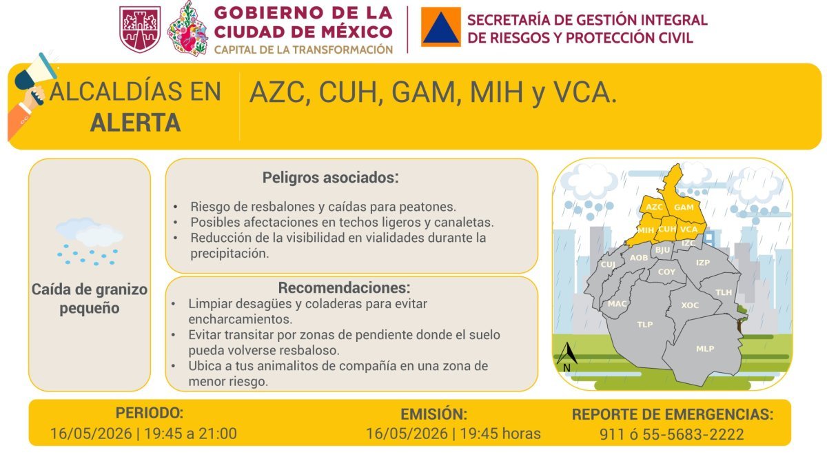 Activan Alerta Amarilla por granizo en 5 alcaldías de CDMX esta noche