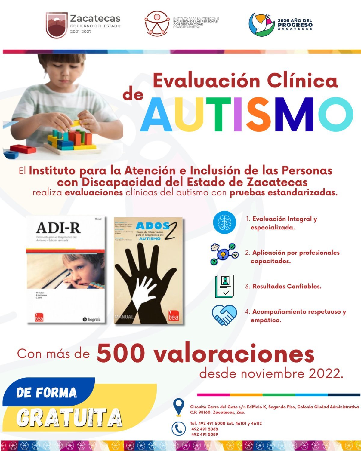 Gobierno de Zacatecas ofrece evaluaciones gratuitas de autismo con pruebas estandarizadas