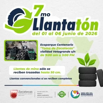 Gobierno de Zacatecas invita a participar en el 7mo Llantatón para reciclar neumáticos