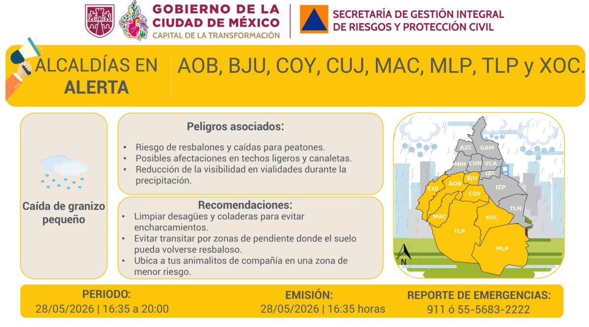 Activan Alerta Amarilla por granizo en 8 alcaldías de CDMX este jueves
